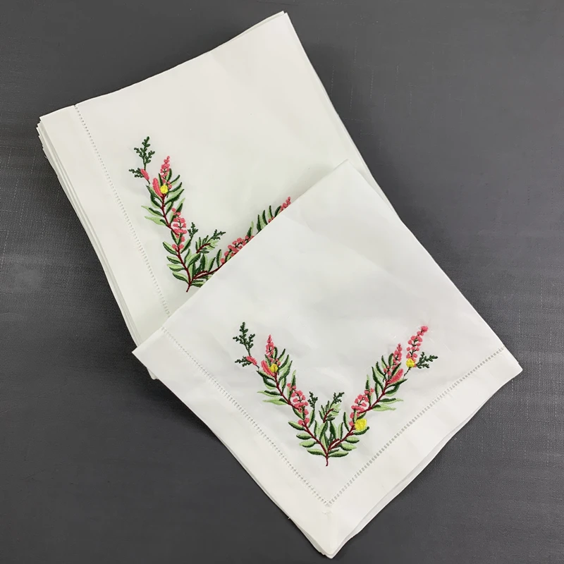 12 PCS Wedding Napkins White Hemstitched linen Table Napkin With Color Embroidered Floral Dinner Napkins 18x18-inch