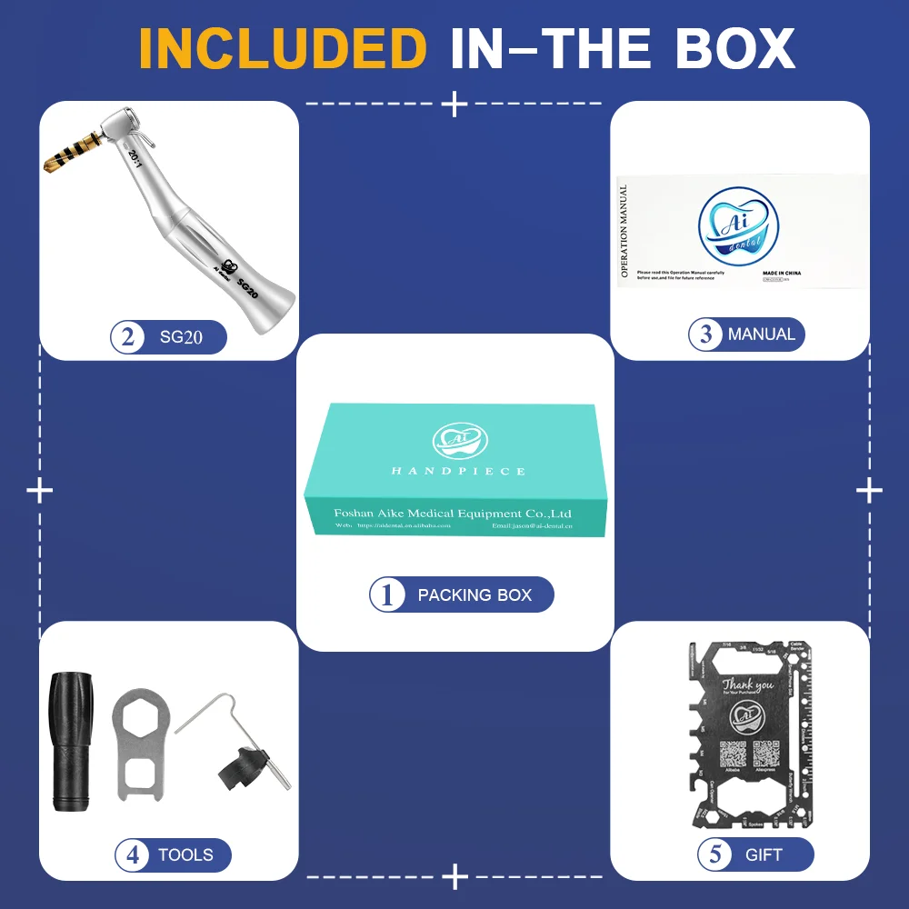 AI-SG20 Dental tooth implant handpiece 20:1 contra angle low speed push button chuck cartridge & middle shaft