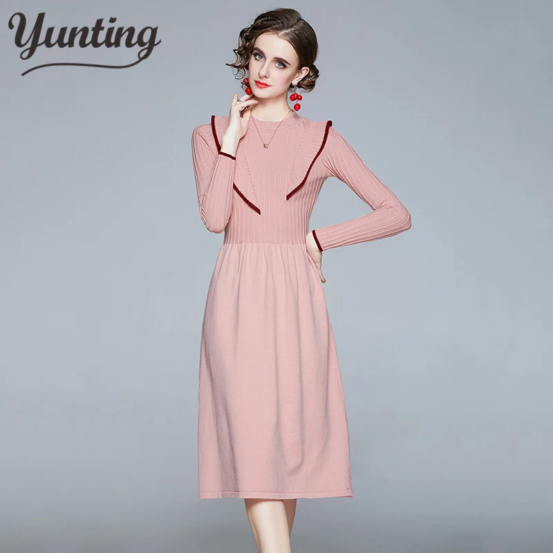 

Women Autumn Winter Long knitted Sweater Dress Female Pullover Long Sleeve Round Collar Dress