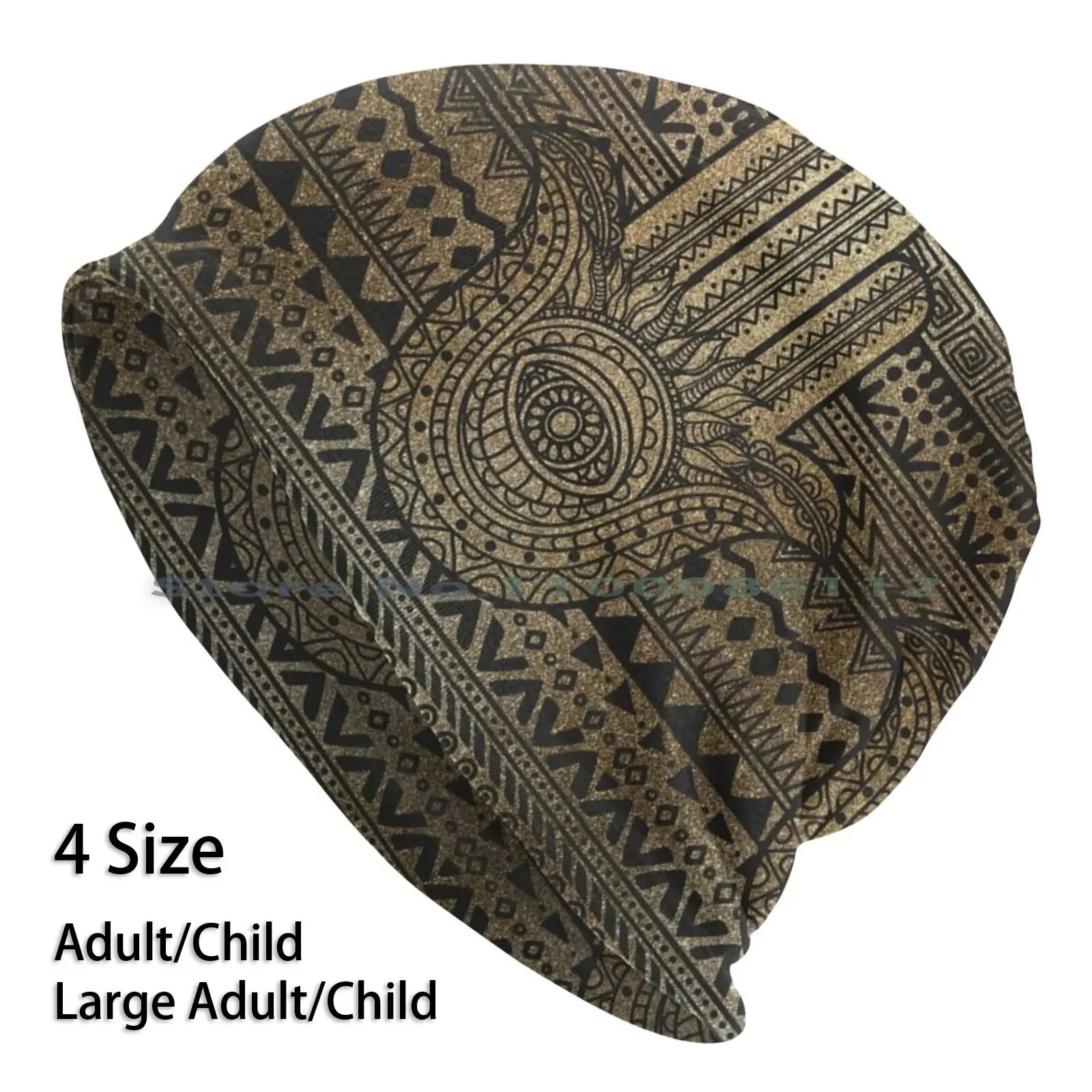 Native Pattern Golden Hamsa Hand Beanies Knit Hat Hamsa Evil Eye Symbol Jewish Zen India Meditation Yoga Spiritual Religion