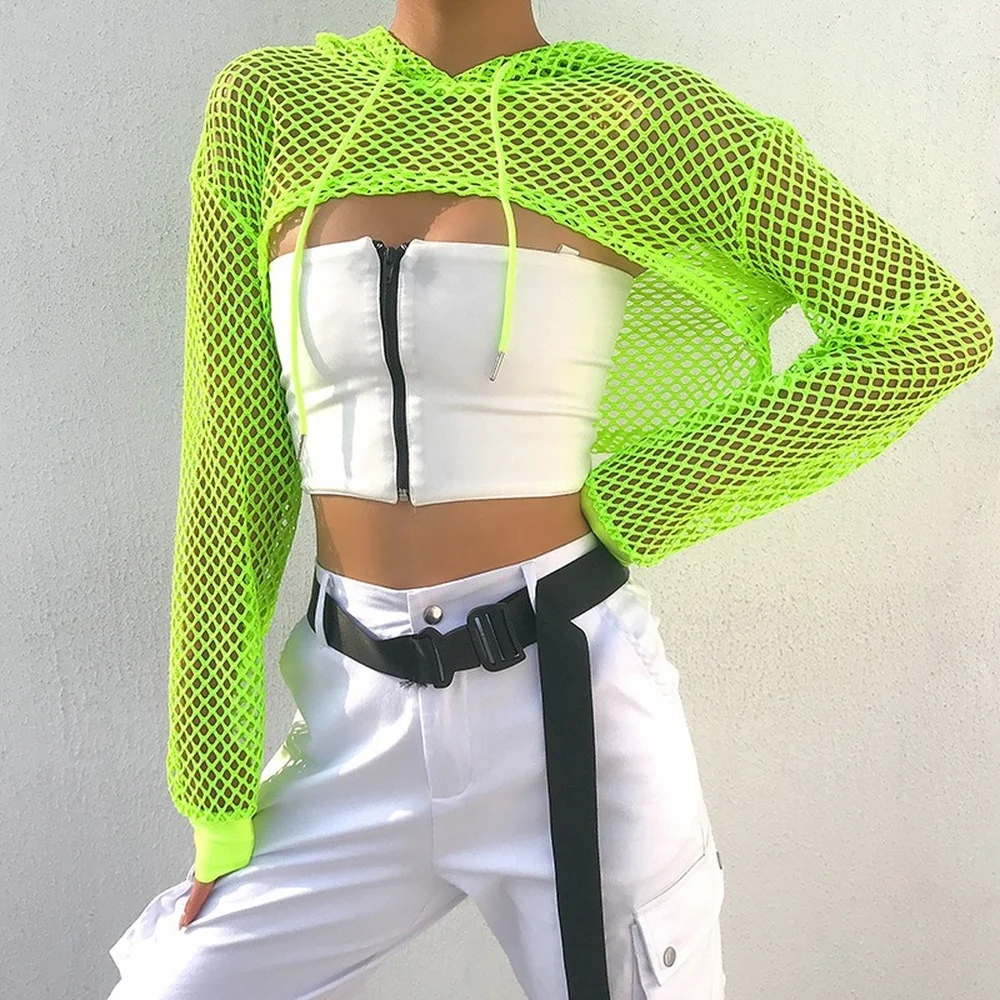 2022 New Spring  Streetwear Neon Green Mesh Fishnet Top Women Tshirt Perspective Long Sleeve Women's T-shirts Sexy Cropped Shirt