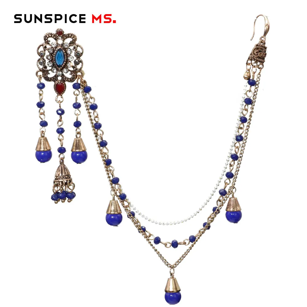 Sunspicems Indian Wedding Jewelry Tassel Earring Link Headdress for Women Antique Gold Color Natural Stone Beads Chain Algerian