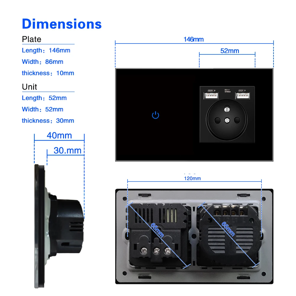 UBARO France Standard Wall Light Touch Switch With Tempered Crystal Glass Panel USB Socket Sensor Button Outlets Combination