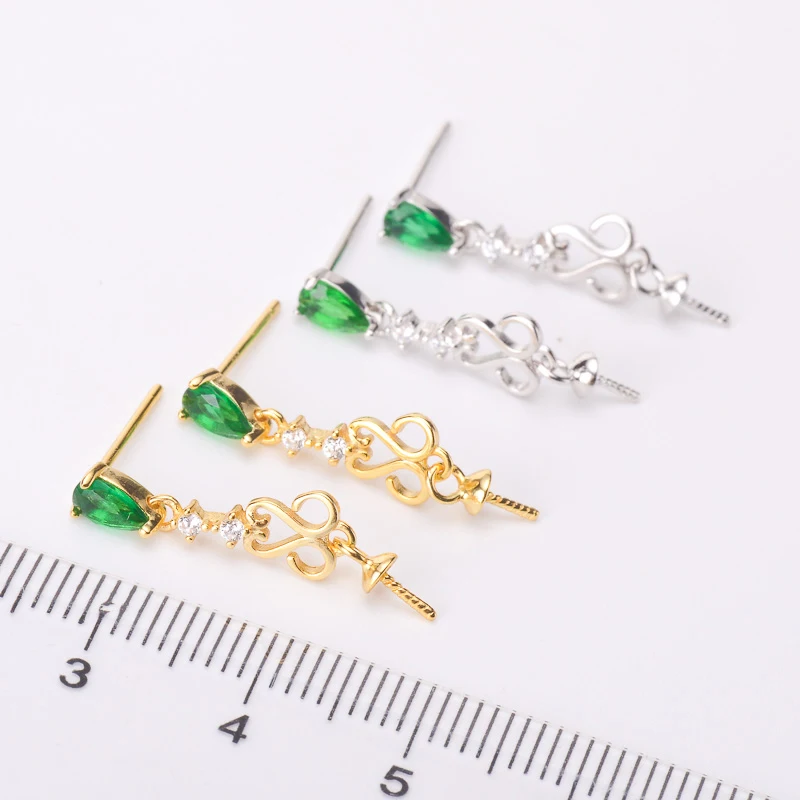 Green Diamond Style Pearl Dangle Earrings Findings S925 Sterling Silver Eardrop Jewelry Components 3Paris/Lot