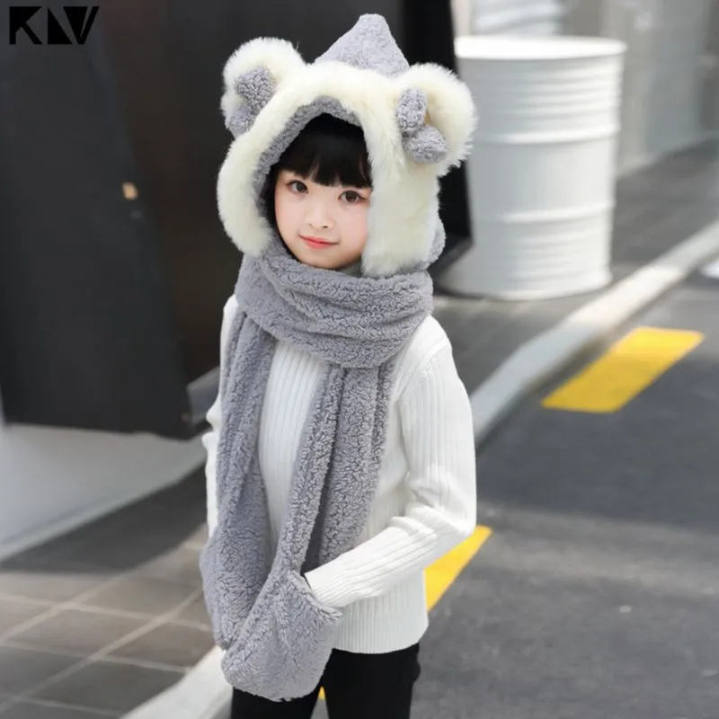 KLV Kids 3 In 1 Warm Plush Winter Hat Cute Bowknot Bear Ears Scarf Gloves Hoodie Cap