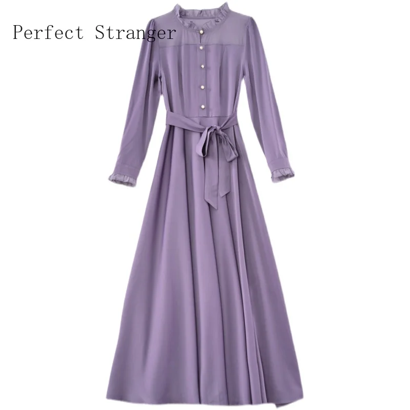 2021 Autumn Winter New Arrival OL Lady Clothing Satin Chiffon Solid Color Long Sleeve  Women Chiffon Long Dress