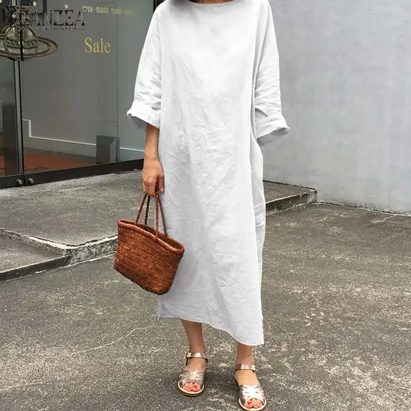 ZANZEA Women Spring O neck Long Sleeve Cotton Linen Dress Casual Sundress Elegant Solid Party Vestidos Kaftan  Dresses