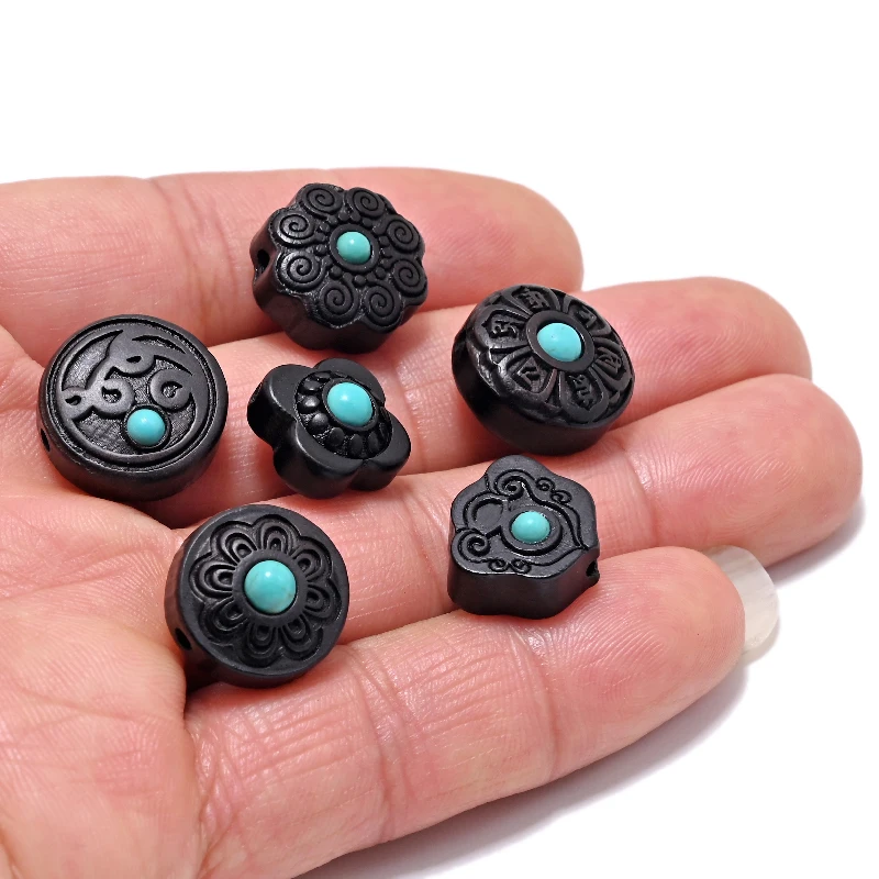 MZ-E Nepal Inlaid Imitation Turquoise Natural Ebony Beads Tibetan Antique For Jewelry Making DIY Beads Bracelet Yoga Necklace