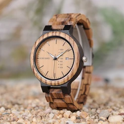 BOBO BIRD Multifunction Wood Watches for Men Auto Date Week Calendar Elegant Zebra Quartz Timepiece with Adjustable Wooden Band