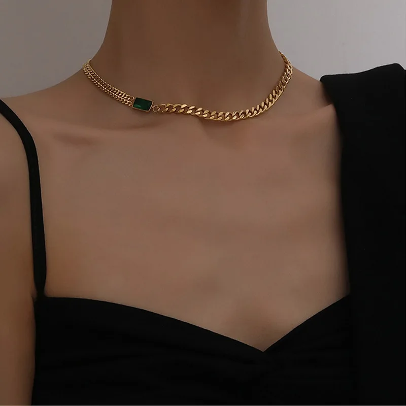 316LStainless Steel Fashion Fine necklace Minimalism Green Zircon Charms Thick Chain Choker Necklaces Pendants For Women Jewelry