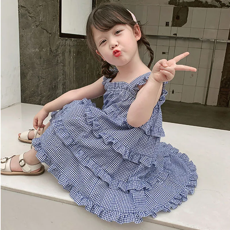 Summer Girls Dress Children\'S Clothing Toddler Baby Kids Suspender Plaid Vest Dress Lace stitching Cake Princess Dress