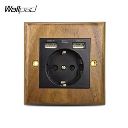 Wood EU Socket with USB Wallpad WALNUT Wood frame 16A EU RU DE NL Wall Power Outlet with 2 USB Charging Ports 110V-240V AC