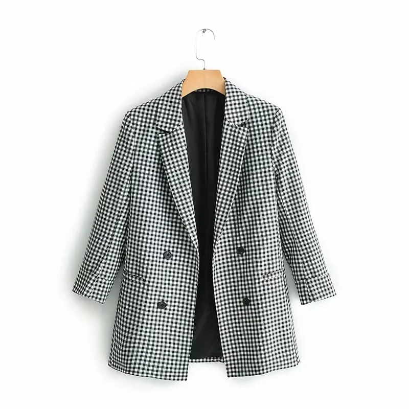 Black Plaid Women Blazer Coat Autumn Winter Office Lady Long Sleeve Double Breasted Slim Jacket Female Nice Casual Tailored Coat