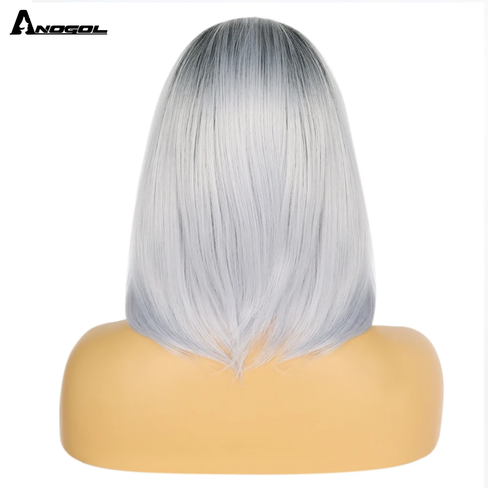 Anogol Ombre Straight Bob Black Grey Synthetic Lace Front Wig Shoulder Length Middle Part Fiber Cosplay Party Hair For Women