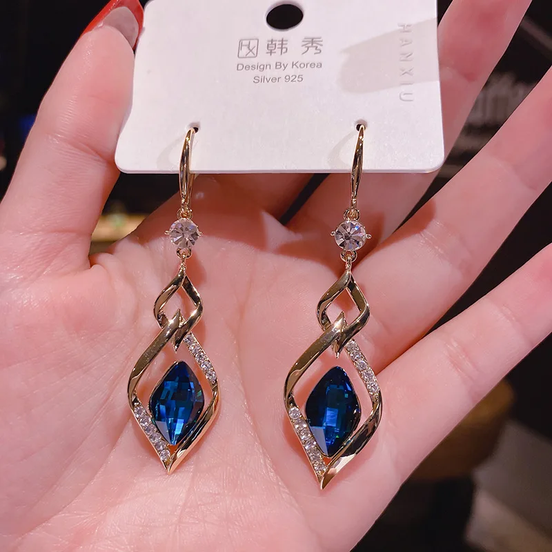 2021 Trendy Korean Long Earrings For Women Blue Crystal Geometry Elegant Female Dangle Drop Earrings Fashion Jewelry Accessories