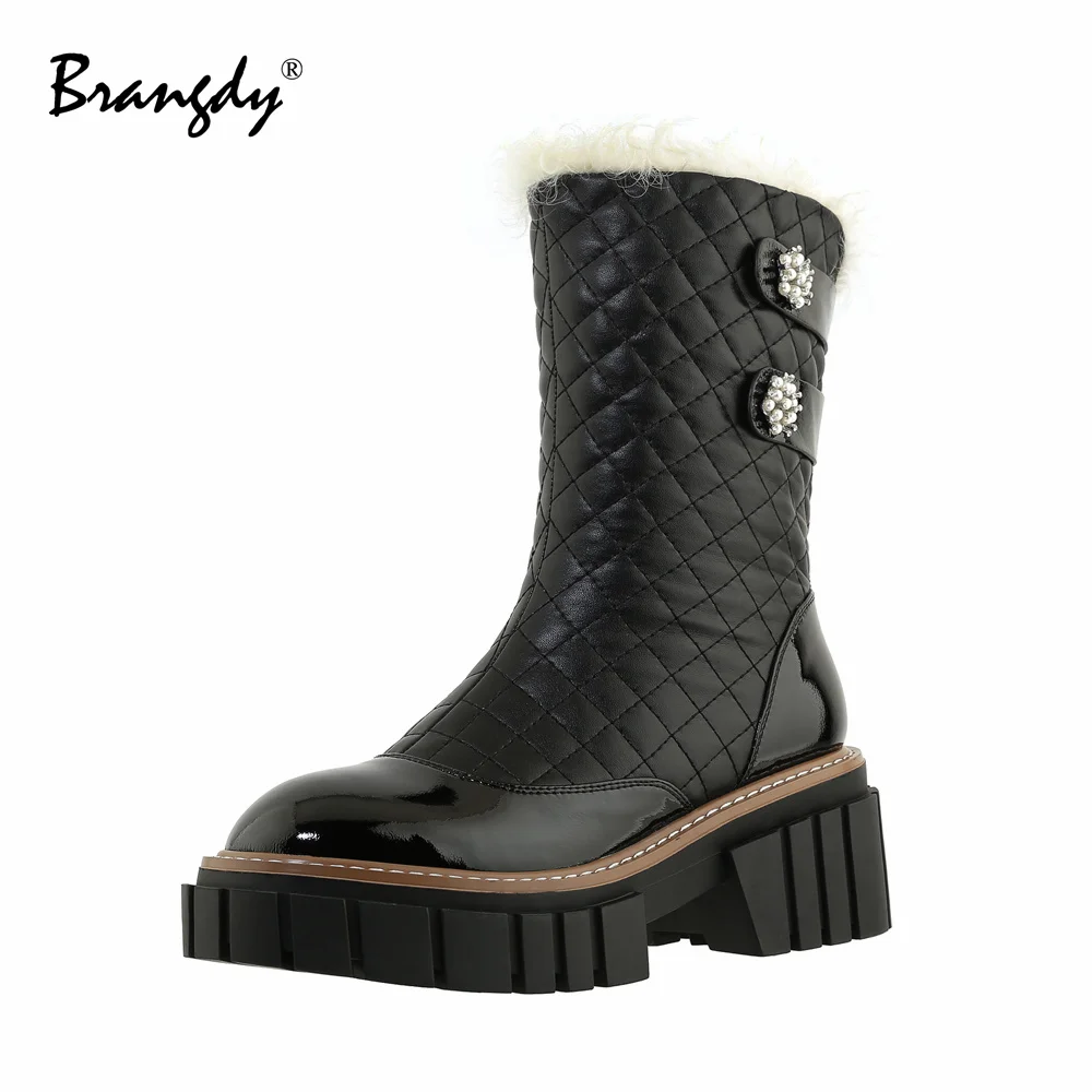 

Brangdy Winter Women Ankle Boot Genuine Leather Platform Sewing Women Shoes Round Toe Women Winter Boots With Fur Zipper Pearl