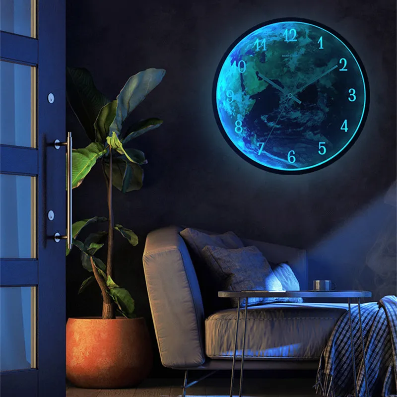 

Voice-Activated Luminous Wall Clock Living Room Decoration Modern Design Creative Earth Moon Mute Hanging Clock for Bedroom Cafe