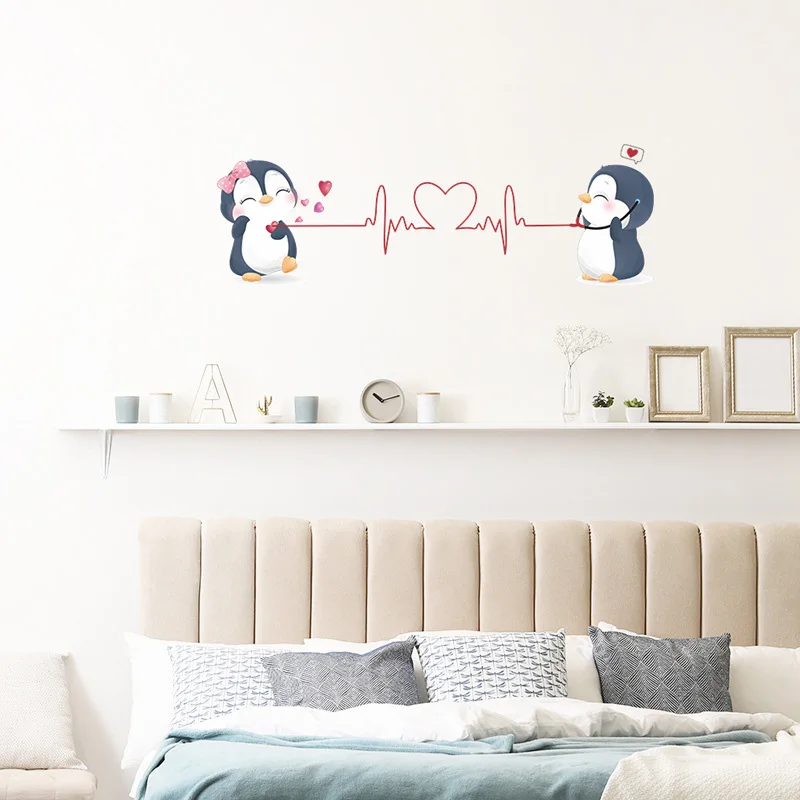 Cute Couple Penguins Wall Sticker Living Room Bedroom Background Home Decoration Cartoon Stickers Valentine\'s Day Wallpaper