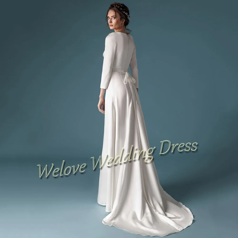 Civil Wedding Dress For Bride Woman Simple Mono Floor Length With Sashes Long Sleeves Custom Plus Size Muslim Bridal Gown A Line