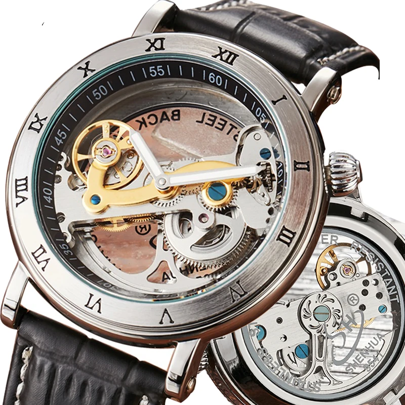 Relógio Mecânico Automático Transparente Homens Steampunk Ponte Esqueleto Luxo Self Winding Couro Relógios Masculinos TODO montre homme