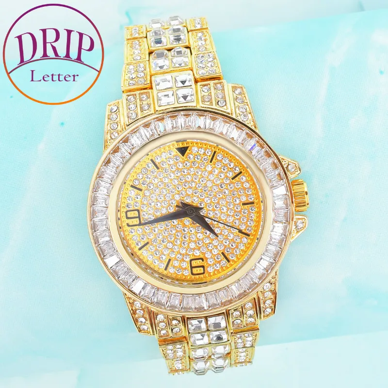 Drip Letter Watch for Men Baguette Round Clock Luxury Rhinestone Business Waterproof Hip Hop Fashion Jewelry 2021 Trend