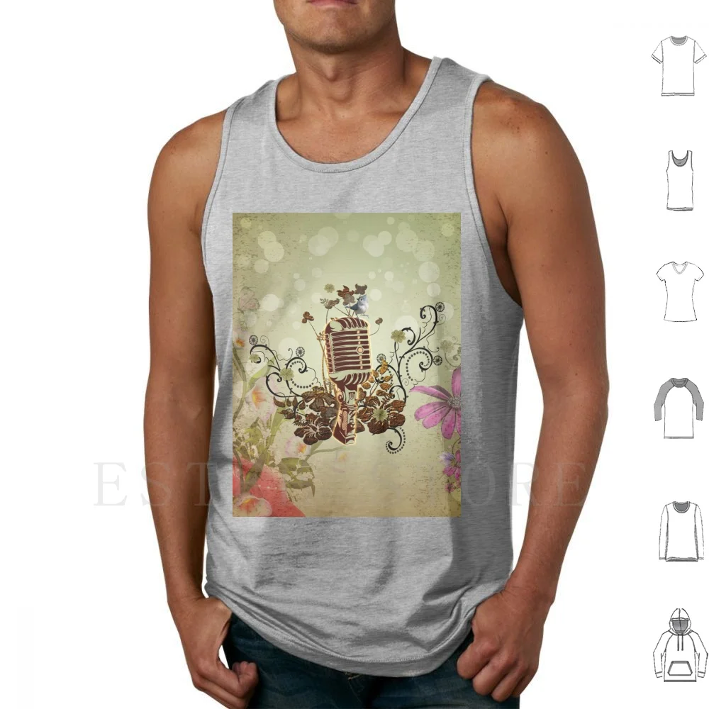 Music , Microphone With Flowers Tank Tops Vest Cotton Sound Microphone Bird Floral Flowers Voice Music Record Equipment