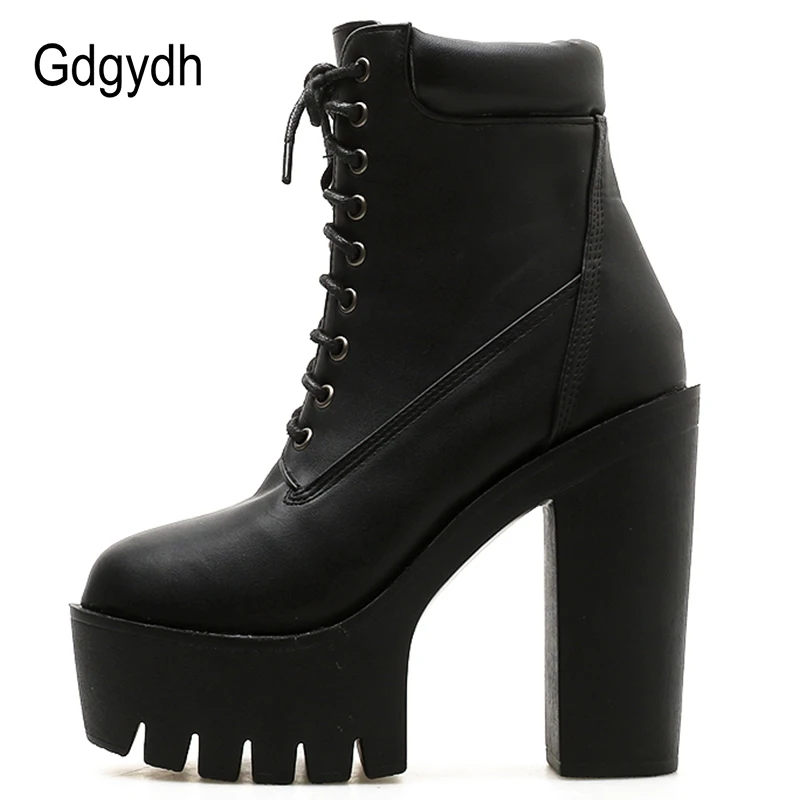 Gdgydh Women Chunky Ankle Boots Leather Round Toe Platform Knight Boots Shoes High Heels Black White Thick Heel Lace Up