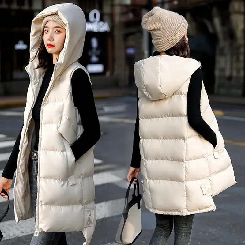 2023 New Women\'s Vest Jacket Down Cotton Vest Autumn Winter Jacket Hooded Long Coat Sleeveless Loose Female Waistcoat Snow Wear