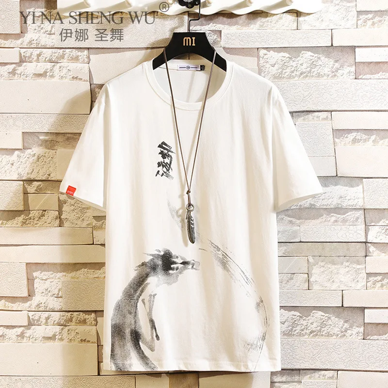 Chinese Style T Shirt Men Funny Anime Print O-Neck Japanese Loose Black White Gray Cotton Tshirts Male Summer Streetwear Fashion