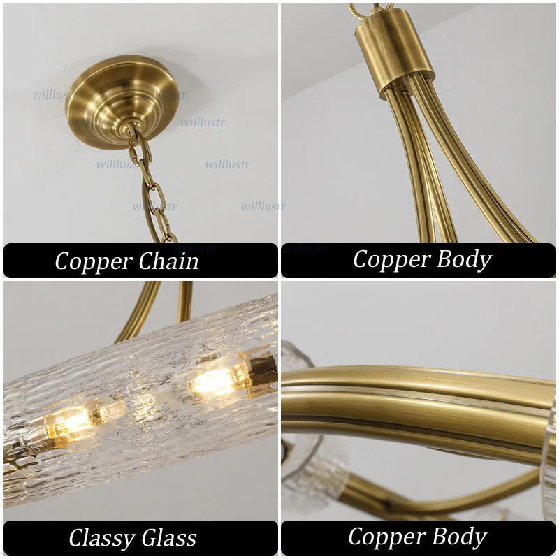 

American Style Copper Pendant Lamp Hotel Cafe Sitting Room Dinning Room Study Bedroom Suspension Light Luxury Glass Chandelier