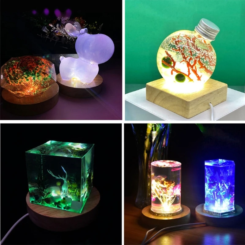 Sztuka żywicy wyświetlacz drewno LED regulowany wyświetlacz podstawa 12 kolorów RGB oprawa LED wazon światło pilotem DIY lampka nocna