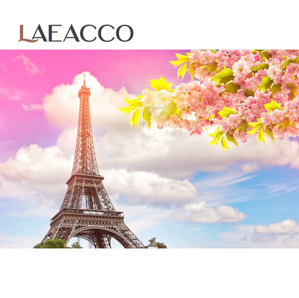 Laeacco Vinyl Backdrops For Photography Eiffel Tower Old Town Flowers Street Blue Sky Scenic Photo Background For Photo Studio