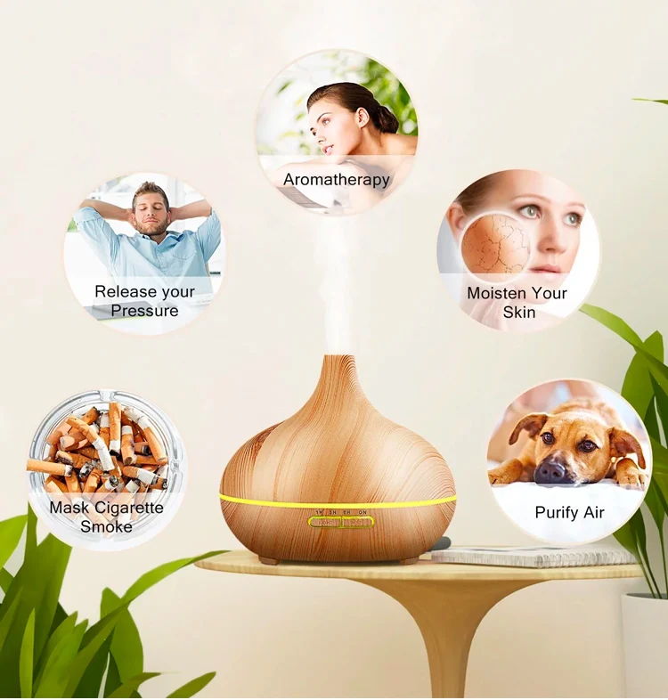 500ML Electric Air Ultrasonic Humidifier Essential Aroma Oil Diffuser With Remote Control Wood Grain Mini Mist Maker 3 Color Led