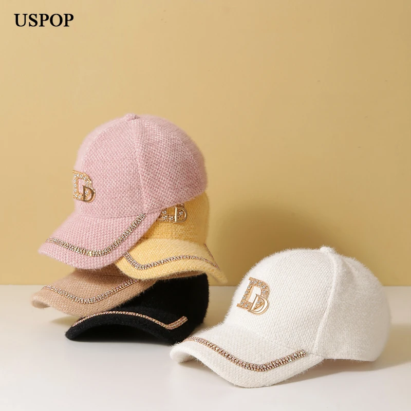 USPOP 2022 New Brand Designer Women Caps Rabbit hair blended Baseball Caps Rhinestone Metal Letter D Winter Visor Cap