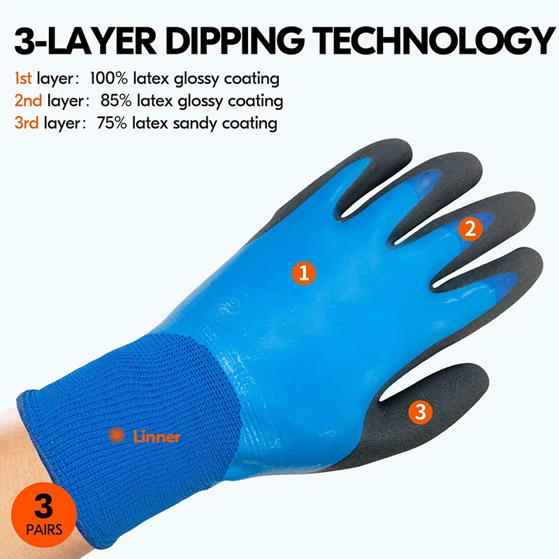 3-Pairs Blue Triple Latex Coating Garden Gloves Light Duty Work Gloves,Waterproof,Oil Resistance,Abrasion Resistance Hand Covers