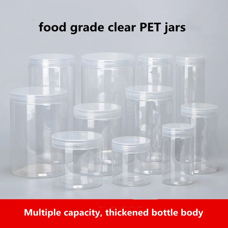 Frascos vacíos de plástico transparente para cosméticos, tarro de comida para mascotas, contenedor de maquillaje con tapa de plástico, latas de