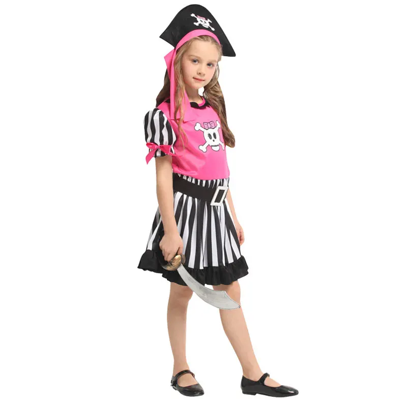 Child Kids Cute Pink Skull Pirate Costume for Girls Halloween Purim Carnival Mardi Gras Party Fancy Dress