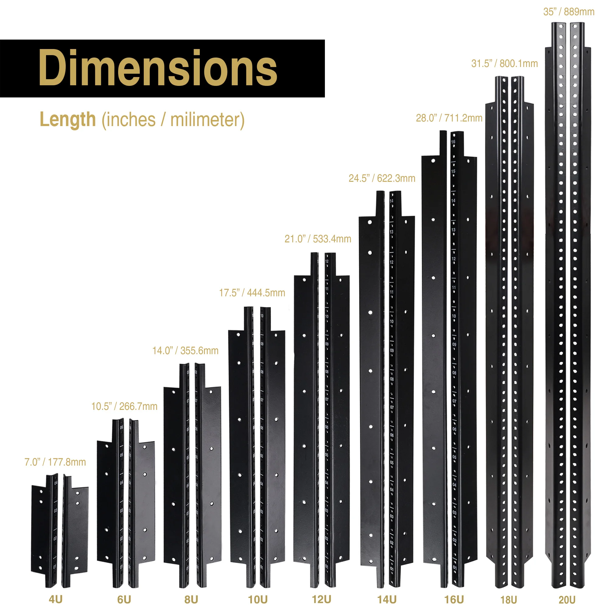 Sound Town 2-pack 18U Steel Rack Rails, with Black Powder Coated Finish and Screws (ST-RR-18U)