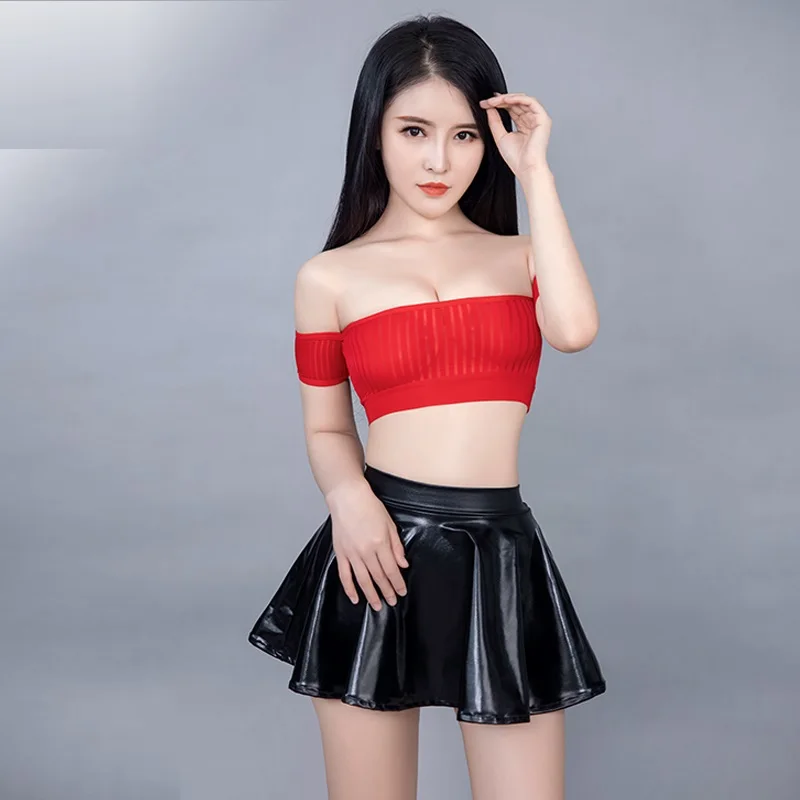 

Sexy Transparent Striped Off the Shoulders Short Tube Top Low Rise PU High Elastic Mini A-Line Cute Sun Skirt Hot Nightclub Wear