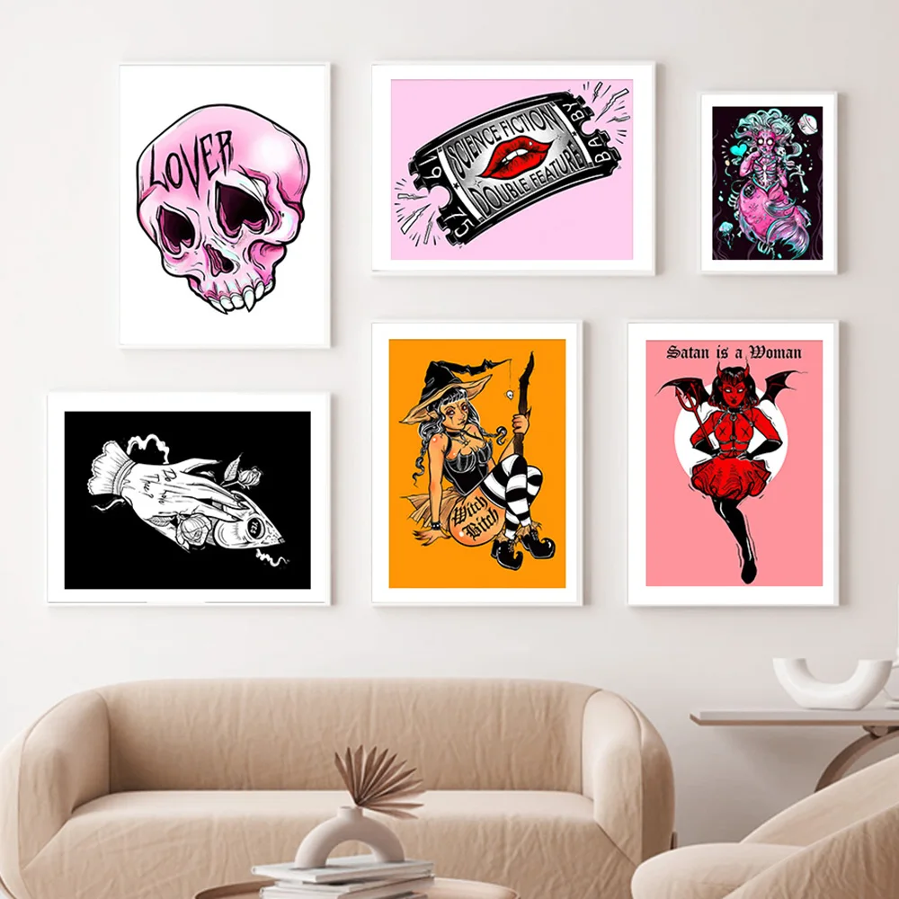 

Gothic witch tattoo lover skull halloween wall art canvas painting nordic posters and prints living room decoration wall picture