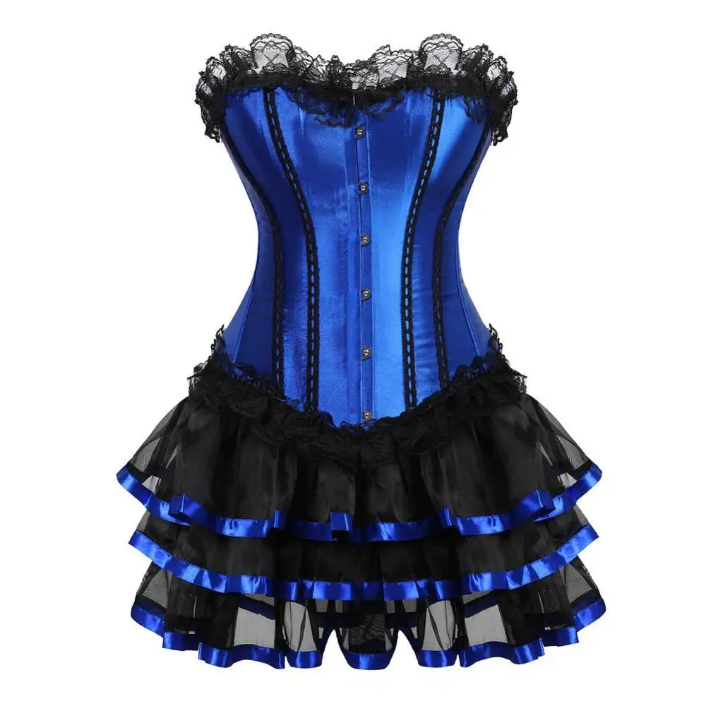 Plus Size S-6XL  New Black/Purple/Blue/Red Lace Up Sexy Top Boned Satin Corset Bustier + skirt