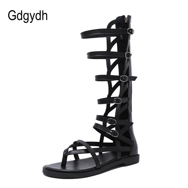 Gdgydh Fashion Buckle Gladiator Sandals Women Flat Sandals High Knee Flip Flops Female Summer Shoes With Zipper Black Leather