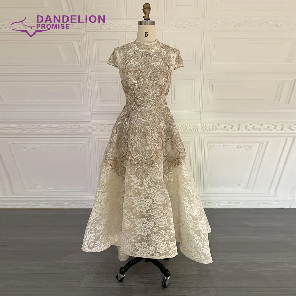 Luxury High Neck Asymmetrical Evening Dresses 2020 Cap Sleeves Lace Beading Muslim Prom Gowns For Women
