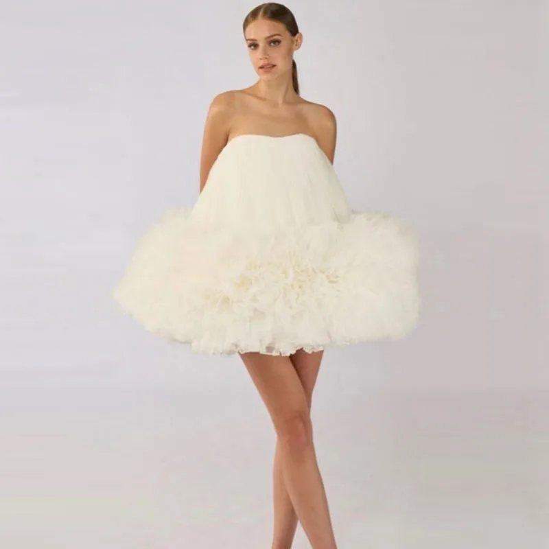 

Ivory Tulle Women Mini Dress Strapless Ruffled Puffy Tulle Summer Dresses Customized Chic Short Prom Gowns Party Dress Cheap