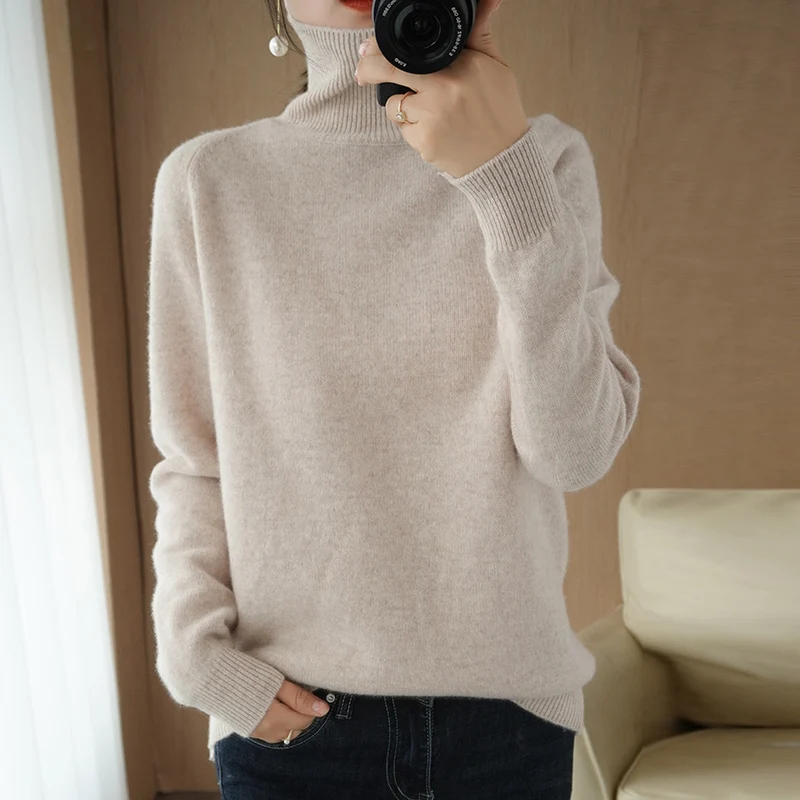 

100% Wool Women Turtleneck Knitted Long Pullovers Autumn Winter Casual Loose Solid Sweaters Thick Knitting Jumper Ladies sweater