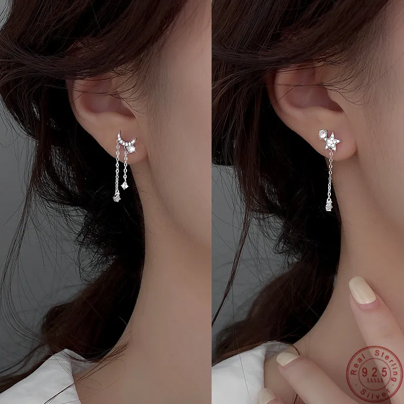 MOVESKI 925 Sterling Silver New Star Moon Asymmetry Earrings Women Korean Fashion Trend Jewelry Wedding Party Gift