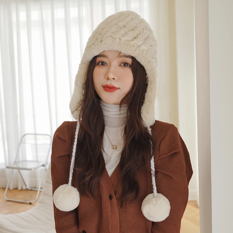 2021 Winter Warm Fur Hat Female Knitted Rabbit Hair Braided Lovely Ear Protection Rex Rabbit Fur Snow Hat Real Fur Bomber Hats