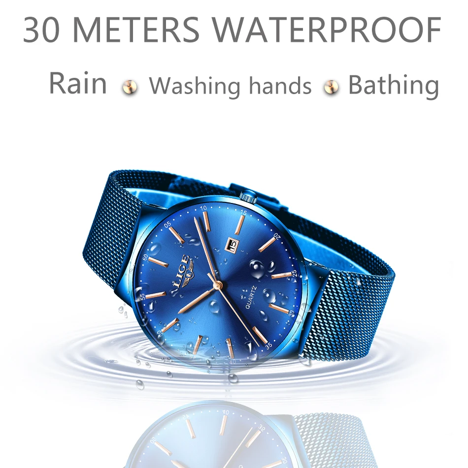 LIGE-reloj analógico de cuarzo para mujer, accesorio de marca superior de lujo, con malla azul, con fecha de acero inoxidable, esfera ultrafina a la
