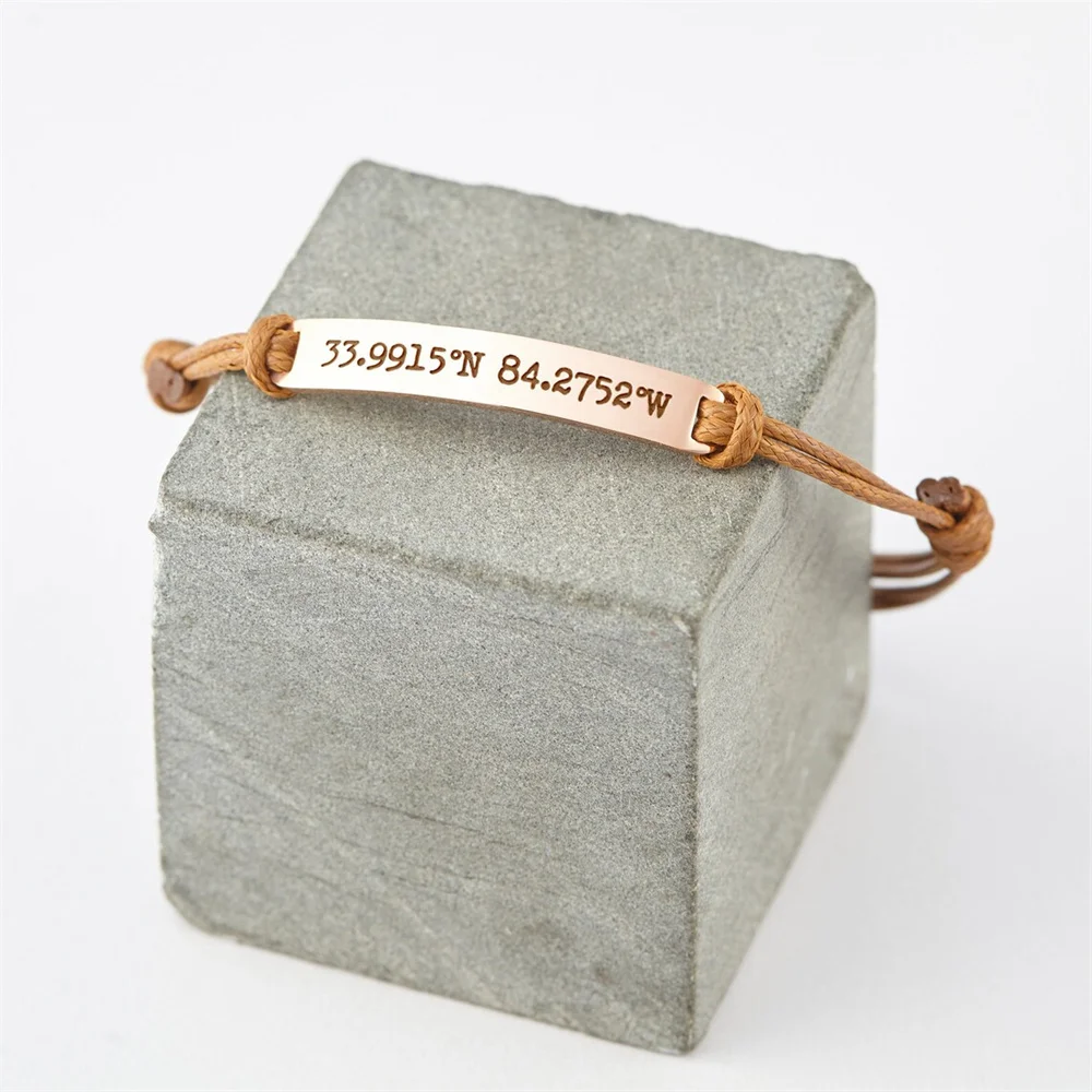 Tangula pulsera ajustable de cuerda personalizada, longitud personalizada, letras de latitud, GPS, pulsera de acero inoxidable para su mejor regalo