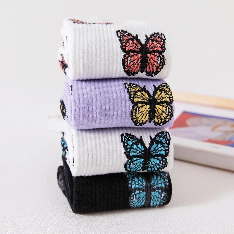 New Butterfly Socks Women Streetwear Harajuku Crew Kawaii Stripe Fashion Ankle Funny Embroidered Expression